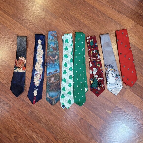 Set Of 8 Novelty Ties Featuring Holiday Animal & St. Patricks Day Themes 58-60" - Picture 1 of 8